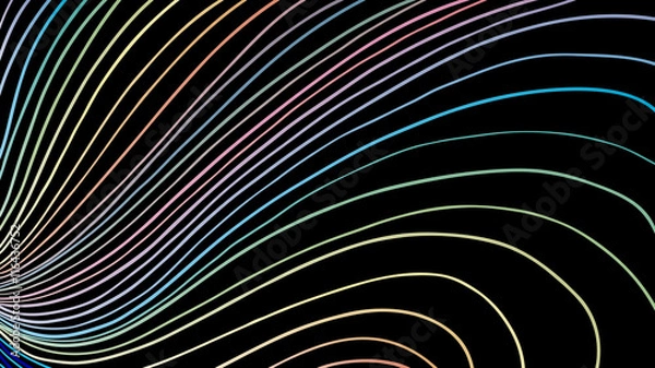 Fototapeta black background with curving lines in pastel colors of blue pink purple green and yellow, hand drawn abstract background pattern