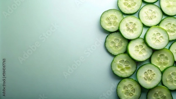 Fototapeta Refreshing Slices of Cucumber Arranged on a Light Green Background, Ideal for Culinary or Beauty Applications