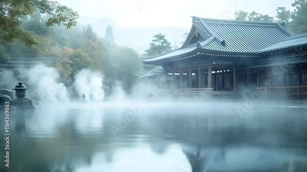 Fototapeta Serene Japanese Spring Landscape with Mist-Shrouded Pond and Traditional Architecture