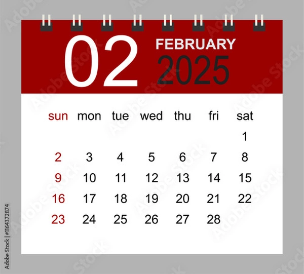 Fototapeta February 2025. Vector monthly calendar template 2025 year in simple style for template design. Week starts from Sunday.