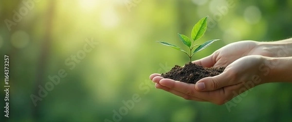 Obraz Close-up of hands holding a small plant sprout with soil, symbolizing new beginnings, growth concept, environment protection and sustainability