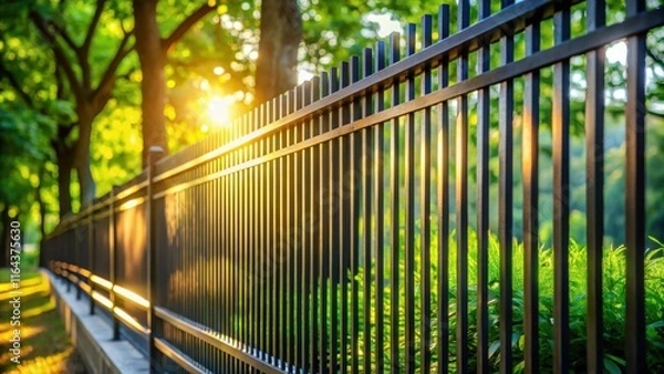 Fototapeta A Metal Fence Bathed in Golden Sunlight, Providing Privacy and Security in a Lush Green Park Setting