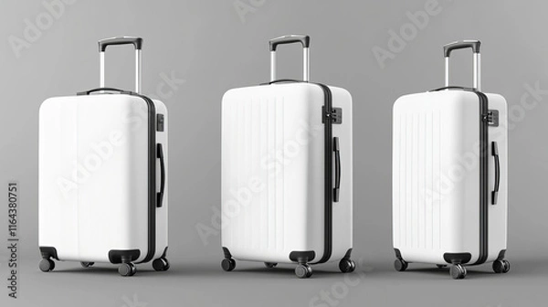 Fototapeta White suitcase with handle and wheels in different angles of view. Realistic 3d vector illustration set of travel luggage bag. Plastic baggage for trip and vacation concept. Voyage accessory template.