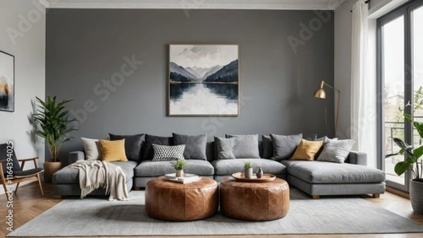 Fototapeta pouf and wooden table in modern living room with painting above grey corner couch