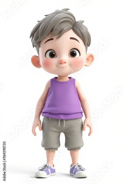 Fototapeta a close up of a cartoon boy with a purple shirt and gray shorts