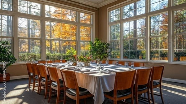 Fototapeta A spacious dining room features a long table set for a meal, surrounded by large windows that reveal vibrant autumn leaves outside. The setting is bright and welcoming.