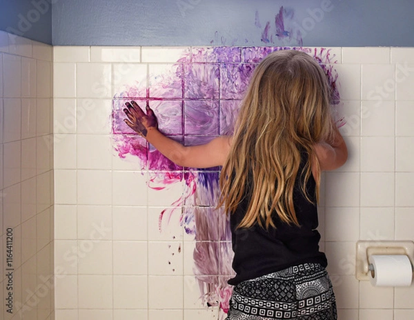 Fototapeta Messy Child Coloring with Paint on Wall at Home