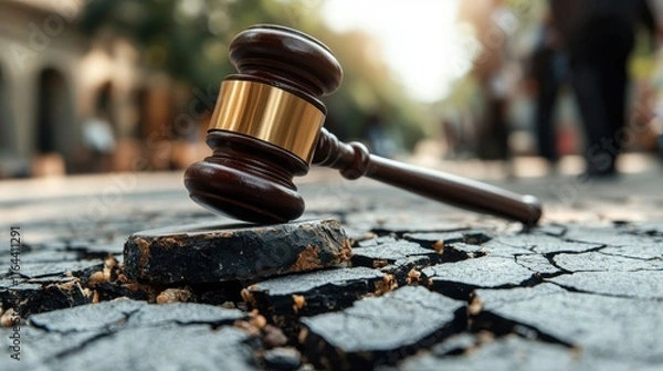 Fototapeta A gavel lies on cracked pavement, symbolizing justice and the impact of law in urban environments.