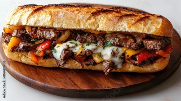 Obraz A large sandwich with meat and cheese on a wooden board