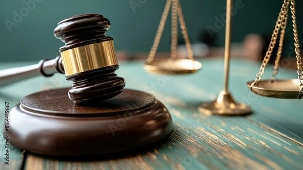 Fototapeta Courtroom justice action legal setting image of gavel and scales professional environment close-up view law concept