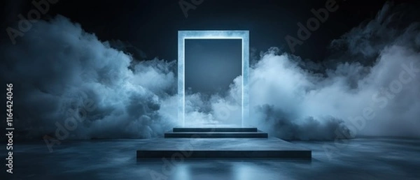 Fototapeta A large, open door is surrounded by a cloud of smoke