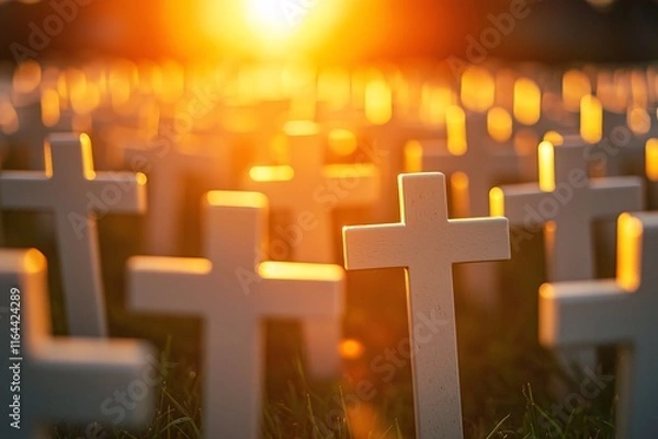 Fototapeta Sunset Memorial Many White Crosses in Grass