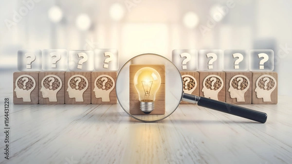 Obraz Finding the Right Idea.
Light bulb representing the best idea among others, highlighted by a magnifying glass.