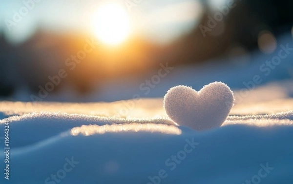 Obraz A snow heart resting on a snowy landscape, illuminated by a warm sun, symbolizing love and warmth in a winter setting.
