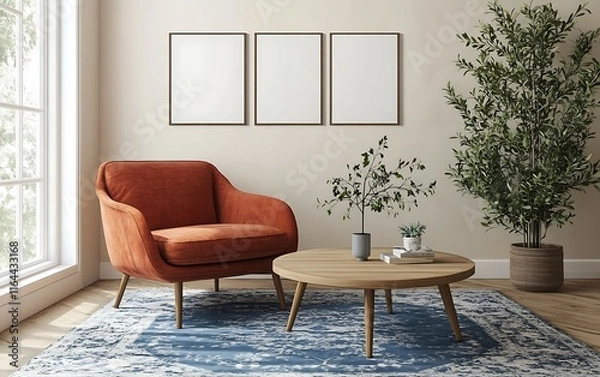 Fototapeta Modern living room interior with orange armchair, wooden coffee table, plants, and blue rug.