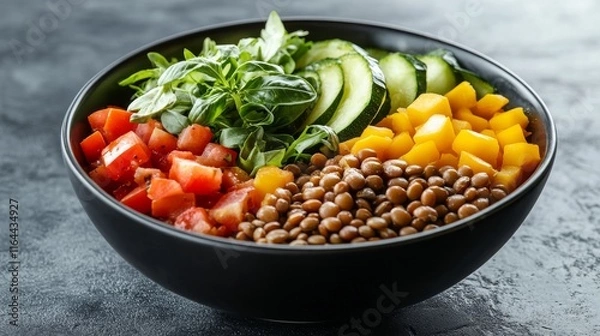 Fototapeta Colorful bowl filled with diced tomatoes, fresh basil, sliced cucumbers, diced mango, and lentils is perfect for a nutritious meal. Ideal for health-conscious eating