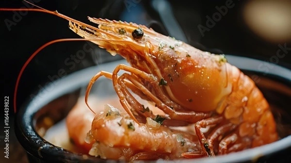 Obraz Boiled river shrimp with herbs served in a flavorful spicy soup garnished with aromatic spices and steam rising from the bowl