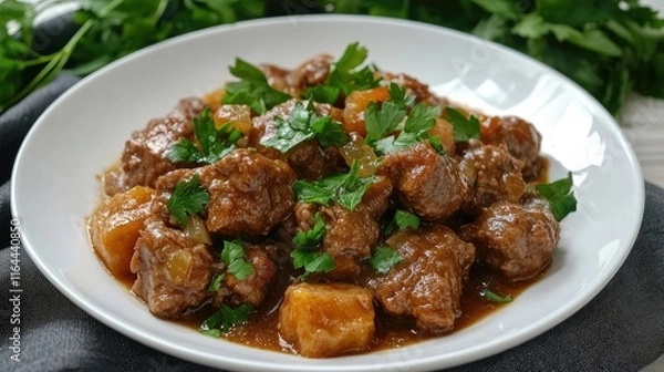 Obraz Savory beef dumplings garnished with fresh parsley served on a white plate with a rich flavorful sauce and vegetables in the background