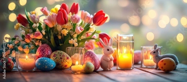 Fototapeta Easter celebration decor with tulips painted eggs candles and playful bunny figures arranged on a bright table creating a festive atmosphere.