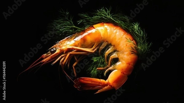 Fototapeta Boiled vibrant orange shrimp garnished with fresh green dill on a sleek black background for culinary presentations and seafood promotions