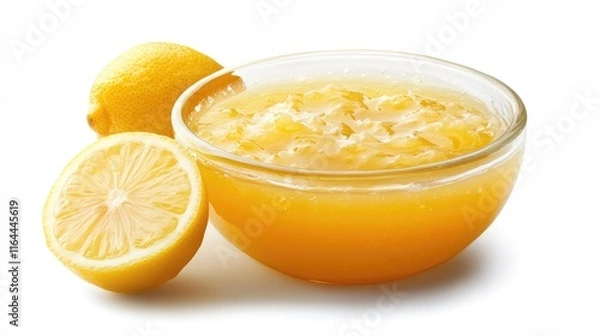 Fototapeta Lemon curd in glass bowl with fresh lemons on white background highlighting a refreshing and tangy dessert option.