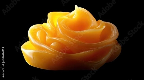 Fototapeta Elegant yellow candle shaped like a rose with a smooth texture and vibrant color isolated on a dark background for creative decor themes