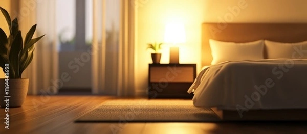 Fototapeta Cozy blurred bedroom with stylish bed and modern nightstand offering warm interior design inspiration for contemporary living spaces