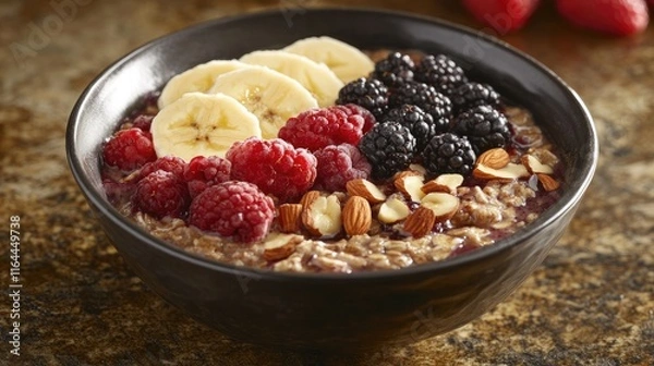 Fototapeta Hearty Oatmeal Bowl Topped with Fresh Berries Banana Slices and Nuts for a Healthy Breakfast Option