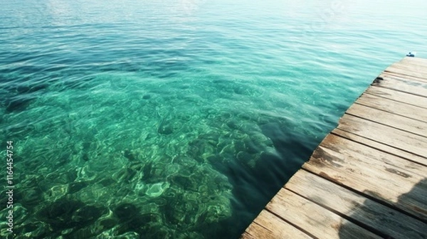 Fototapeta Tranquil ocean waters with clear visibility beneath a wooden pier showcasing natural beauty and serenity.