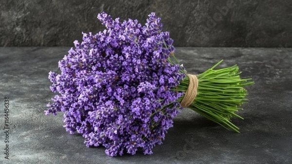 Fototapeta Close Up of Fresh Lavender Bouquet on Dark Textured Concrete Surface