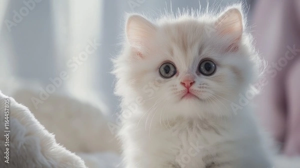 Fototapeta Close up portrait of an adorable fluffy kitten with large eyes displaying curiosity and alertness in soft natural lighting
