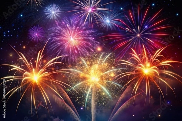 Fototapeta fireworks in the night sky with bokeh background. New Year celebration, Abstract holiday background
