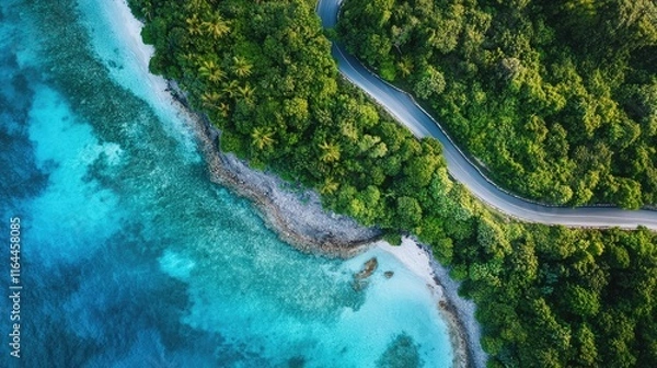 Fototapeta Scenic coastline road winding through lush tropical vegetation beside turquoise waters on serene island paradise