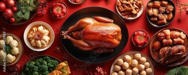 Fototapeta A vibrant spread of festive foods featuring a roasted chicken centerpiece, surrounded by various traditional dishes on a red tablecloth.
