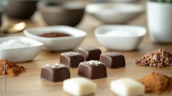 Fototapeta Close up of assorted chocolates and ingredients on wooden table showcasing sweet textures and flavors in a culinary setting