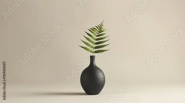 Fototapeta A matte black vase with a single elegant fern frond, isolated on a neutral background.