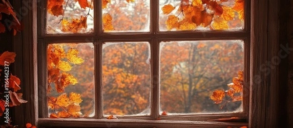 Fototapeta Autumn foliage encasing a serene window scene with warm hues reflecting the beauty and warmth of the fall season