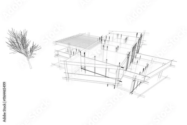 Fototapeta House building sketch architecture 3d rendering