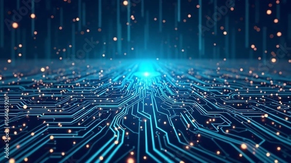 Fototapeta Abstract Futuristic Circuit Board, Glowing Blue Lines and Orange Nodes, Digital Technology Background
