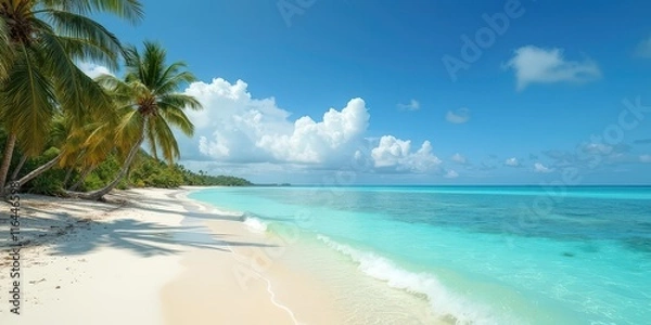 Fototapeta Tropical Paradise: Palm trees sway gently in the balmy breeze, their fronds reaching towards a cloudless sky as turquoise waters lap at the pristine shores of a secluded beach.