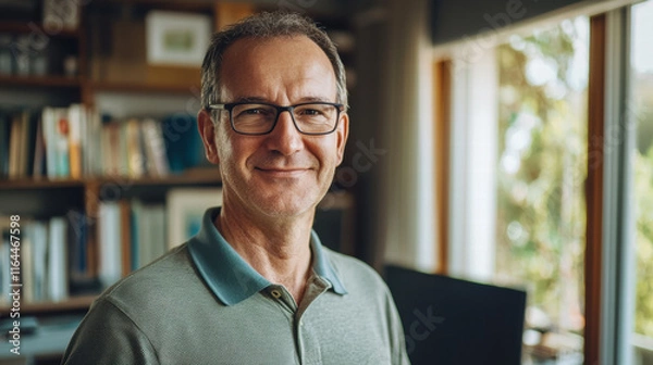 Fototapeta Portrait of a cheerful middle-aged man with glasses, wearing a polo shirt, standing in his home office, looking warmly into the camera