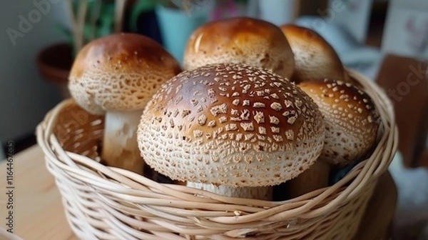 Fototapeta Freshly harvested wild mushrooms in a wicker basket showcasing intricate textures and earthy tones in a serene forest setting