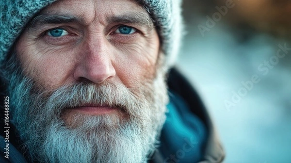 Obraz Close up portrait of an older man with a beard wearing a knitted hat against a natural outdoor background with soft focus lighting