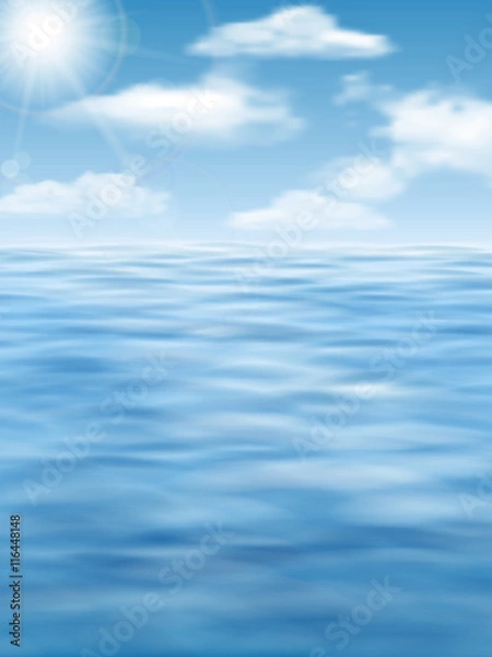 Fototapeta Sky with clouds, sun and water surface. Vector realistic nature background. Seascape.
