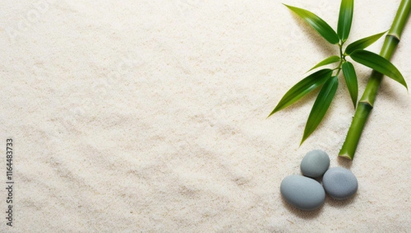 Fototapeta Zen Sand Background with Bamboo and Pebbles – Organic Minimalist Design for Product and Wellness Themes