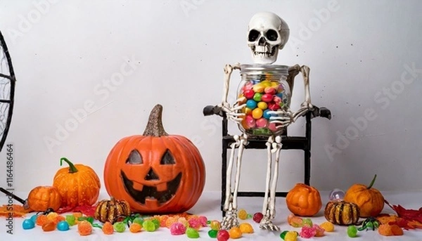 Obraz human skeleton sitting on a chair holding a glass jar filled with colorful candies and a pumpkins