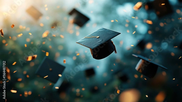 Fototapeta Graduation celebration with hats in the air campus event photography outdoor joyful moments