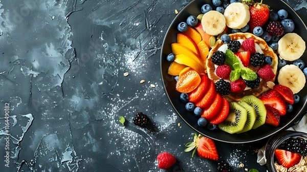 Fototapeta Pancakes with fresh berries and honey on a white plate