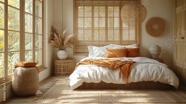 Fototapeta Sunlit bedroom with boho decor, natural materials, and large windows.