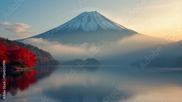 Fototapeta Majestic Mount Fuji Autumn Sunrise, Serene Lake Kawaguchiko, Foggy Landscape, Red Maple Trees, Mirror Reflection